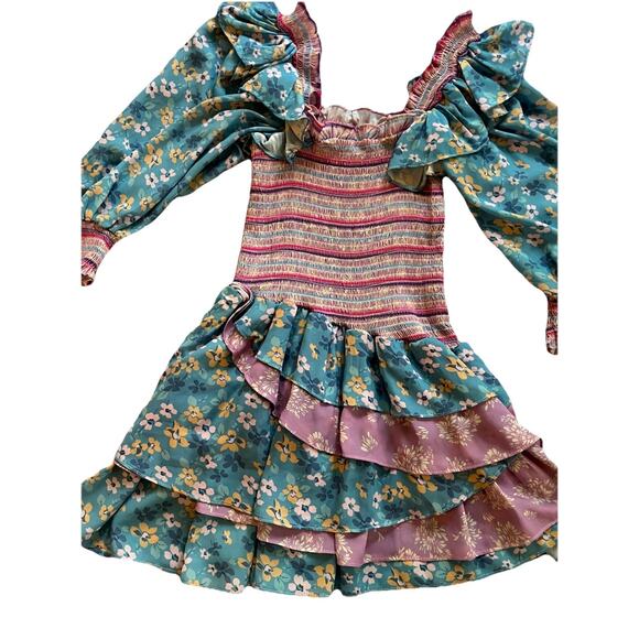 Yvonne & Love Bohemian Puff Sleeve Dress Lg Boho Ruffle Layered Hem Mini - Picture 2 of 9